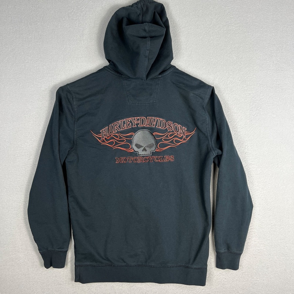Harley Davidson Hoodie Mens M Flames Skulls Full Zip Embroidered Sweatshirt